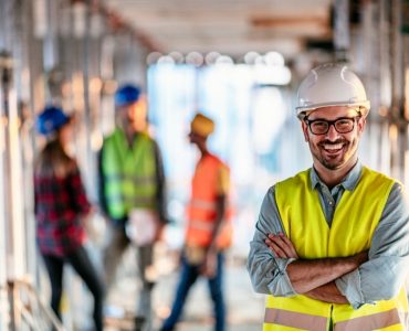 Photo of business people group on meeting and presentation in bright modern office with construction engineer architect and worker looking building model. Front view of smiling architect in helmet against his three colleagues.
